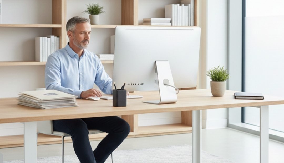 UN UOMO SEDUTO ALLA SCRIVANIA DEL PROPRIO UFFICIO, DAVANTI AL COMPUTER CON UNA PILA DI BUSTE COMMERCIALI