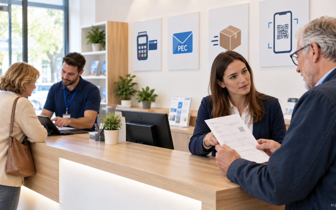 Persone in un Touchpoint fisico che fanno consulenza per comunicazione multicanale